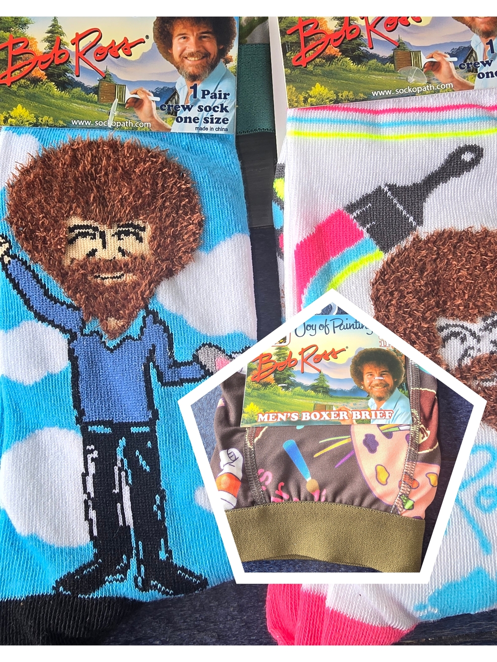Bob Ross Bundle NWT Men’s M Boxer Brief + 2 Pair Unisex Socks Fuzzy Beard Joy of